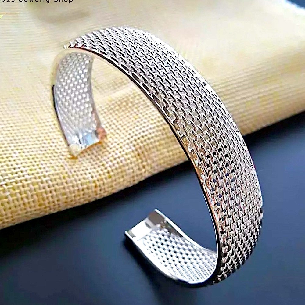 STERLING SILVER MESH HOLLOW OUT CUFF BANGLE BRACELET